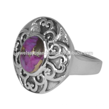 Kingmen Purple Copper Turquoise Vintage Look Gemstone With Solid Silver Solitaire Floral Design Ring Women Jewellery